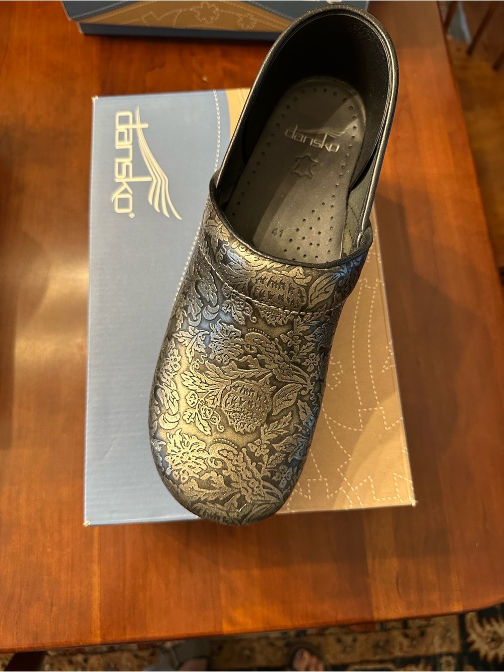 Dansko Metallic Black Floral Embossed Clog